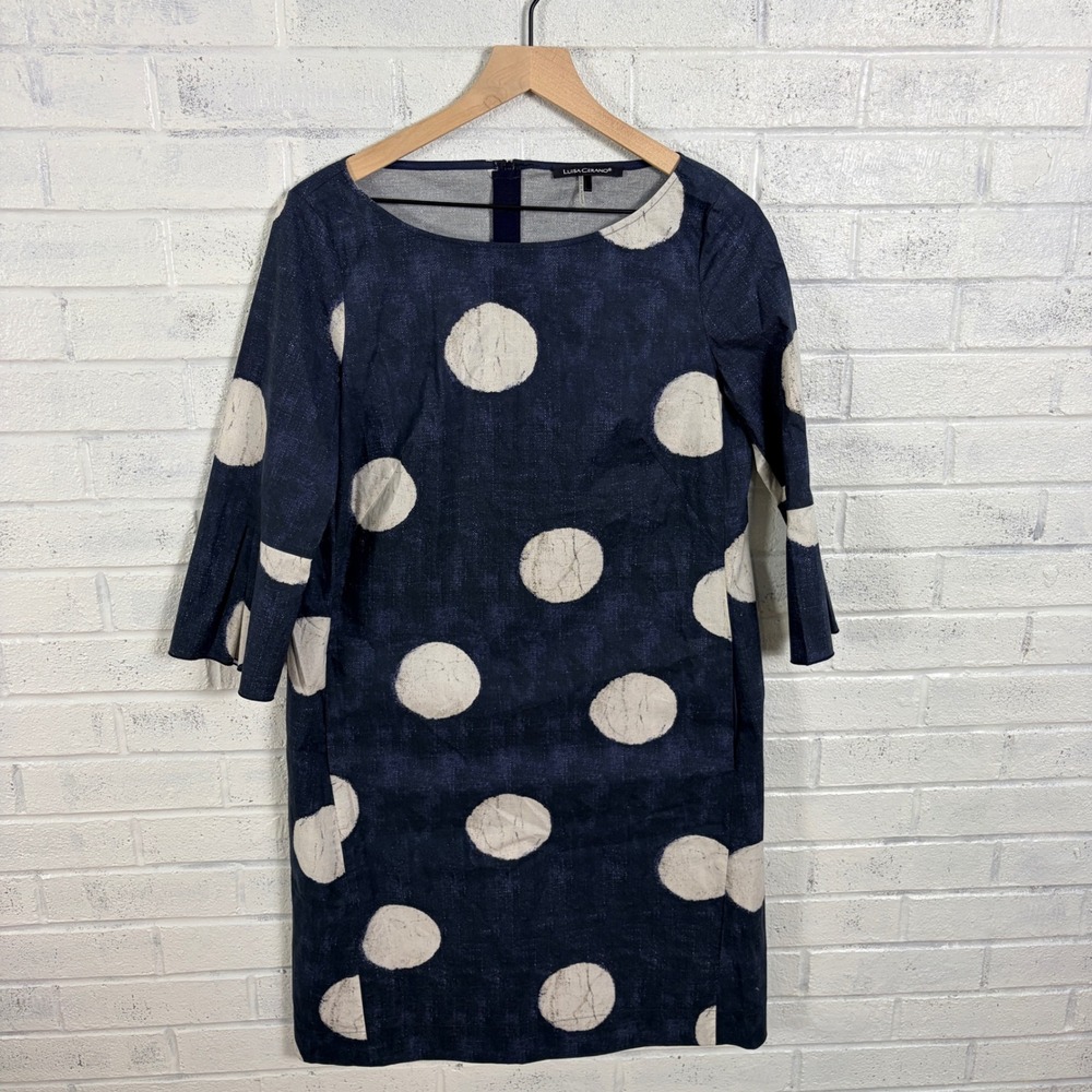 Luisa Cerano Shift Dress Women 6 Navy Blue Polka Dot 3/4 Sleeve Stretch Cotton